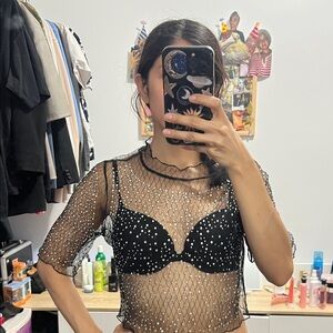 Elegant Black Mesh Blouse with White Dots